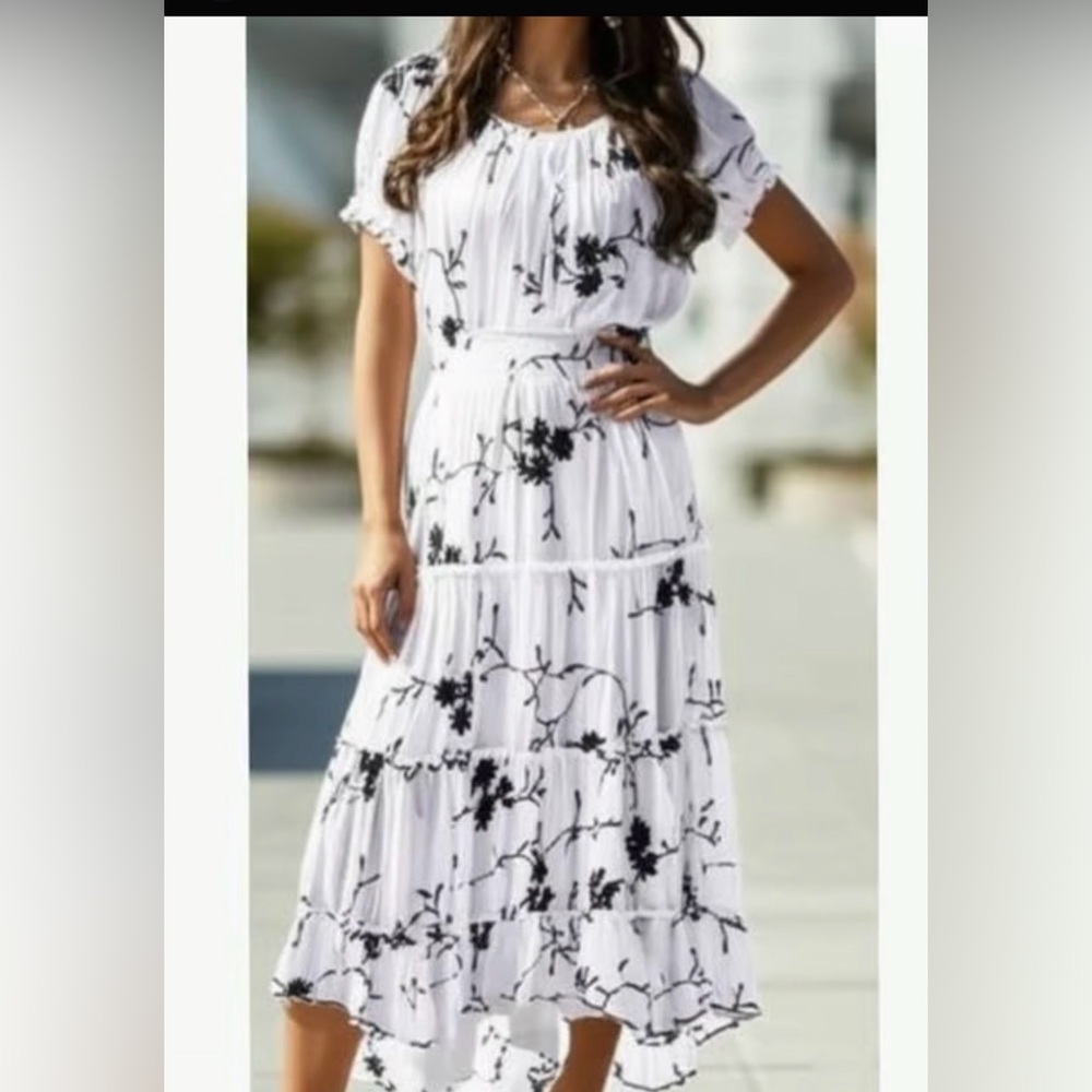 Anthropology x Kindred Elegant Embroidered White and Black Floral Dress